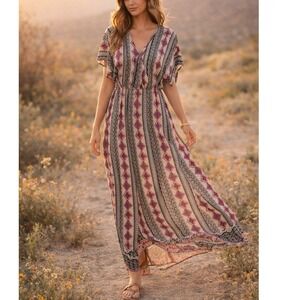 5th & Love Boho Short Sleeve Maxi Dress Pink Black Print V Neck Flowy Medium